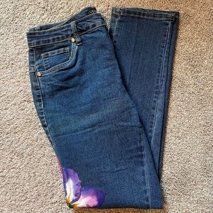 VENUS Blue Jeans with Purple and Yellow Floral Painted Detail Size 12